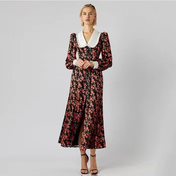 Элегантное женское вечернее платье с корсетом, осень 2023, винтажное вечернее платье Y2K с длинными пышными рукавами, отложным воротником и цветочным принтом на пуговицах 14