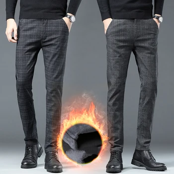 2023 Зимние Теплые Повседневные брюки Мужские Деловые Утепленные Брюки Стрейчевые Прямые Облегающие брюки Брендовая одежда Черный Серый 1