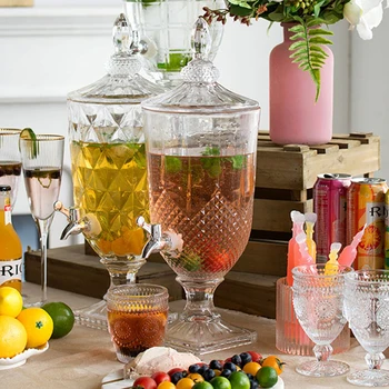 Стеклянный чайник в стиле ретро, домашний Европейский Резной Лимон, Резервуар для холодной воды, Диспенсер для напитков с краном, бутылка для напитков, ведро для сока 10