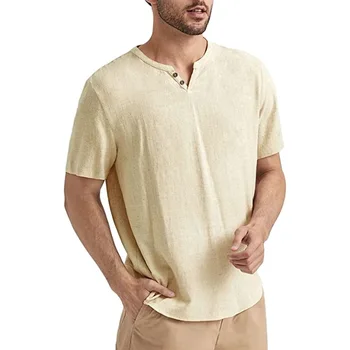Льняные футболки с V-образным вырезом для мужчин, летние дышащие топы, мужская модная одежда, пляжная одежда, мужские рубашки с коротким рукавом 2023