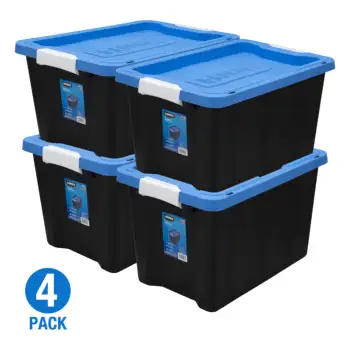Пластиковый контейнер для хранения на 12 галлонов, черный с синей крышкой, набор из 4 16