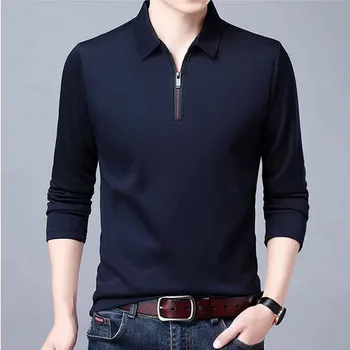 Новая мужская однотонная рубашка-поло, рубашка-поло с воротником-поло и длинным рукавом, модная повседневная рубашка-поло на молнии.