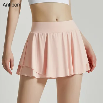 Женская Короткая юбка для фитнеса Antibom с антибликовым покрытием, с высокой талией и карманом на животе, поддельная спортивная юбка для бега из двух частей для девочек