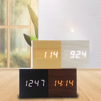 Креативные деревянные часы со светодиодной подсветкой, управление звуком, Многофункциональный интеллектуальный будильник, электронные часы, прикроватные светящиеся часы
