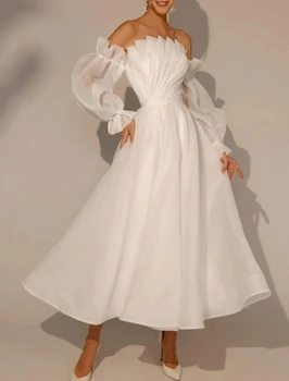 Роскошные тюлевые Маленькие Белые свадебные платья, Элегантные Вечерние свадебные платья трапециевидной формы с длинным рукавом по щиколотку, без бретелек Со складками, длиной до щиколотки 13