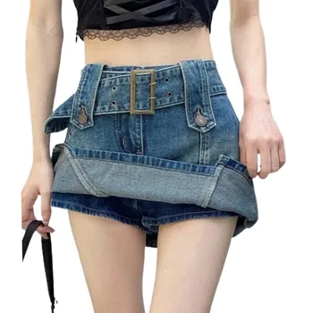 Джинсовая юбка, женские мини-юбки, плиссированная юбка, Y2k, модные повседневные джинсы с высокой талией, завернутая юбка 12