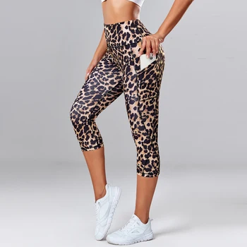 Леггинсы-капри с леопардовым принтом, женские брюки для йоги с высокой талией и боковыми карманами, Быстросохнущие спортивные колготки для спортзала, одежда для фитнеса. 7