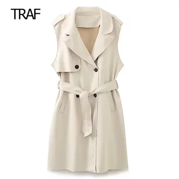 Жилеты TRAF для женщин, осенне-белый жилет без рукавов, двубортные длинные пальто с застежкой, модная роскошная дизайнерская одежда для женщин 2
