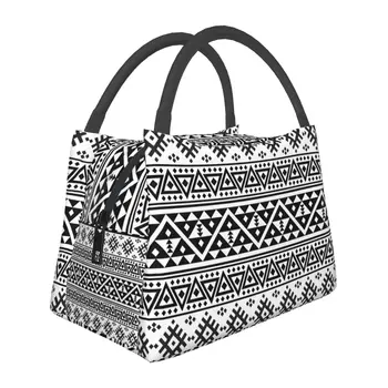 Сумка для ланча с племенным принтом, Черный, белый, геометрический, эстетичный ланч-бокс, школьная удобная сумка-тоут, сумки для еды, сумка-холодильник с принтом 10