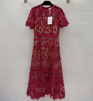 Водорастворимые кружевные открытые женские платья миди с коротким рукавом, длинное платье розово-красного цвета 15