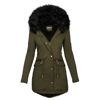 Зимняя куртка, женское пуховое пальто, меховой воротник, длинный рукав, искусственный мех С капюшоном, утолщенное теплое пальто средней длины, парка, зимняя верхняя одежда 10