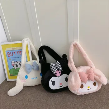 Sanrio Kawaii My Melody Kuromi Cinnamoroll Плюшевая сумка через плечо Большая вместительная плюшевая сумка для хранения макияжа куклы-плюшевки из аниме 7