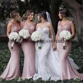 пыльно-розовые платья подружек невесты, тюлевое атласное сексуальное элегантное платье русалки с v-образным вырезом, женское платье для свадебной вечеринки vestidos de gala chic 18