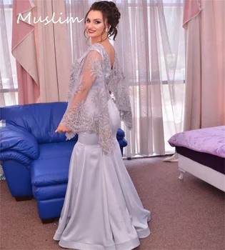 Красивое вечернее платье из серебристой индейки с запахом, элегантный кафтан Русалки с V-образным вырезом, Марокканское платье для выпускного вечера в Дубае, кружевная накидка Abaya Party 17