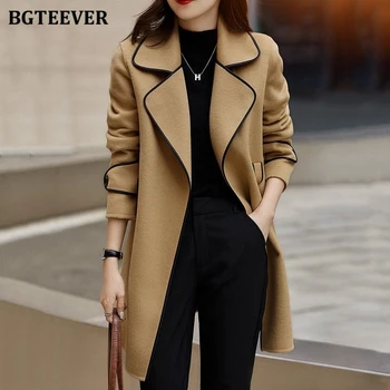 BGTEEVER, Стильные женские куртки из смесовой шерсти на шнуровке, Элегантные женские длинные пальто с карманами на рукавах, осенне-зимняя верхняя одежда