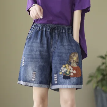 Женские джинсовые шорты Mori Girl в японском стиле y2k Модные этнические джинсовые шорты с эластичной резинкой на талии, синие джинсовые шорты с вышивкой мультяшной девушки
