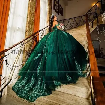 Изумрудно-зеленое бальное платье, пышные платья, аппликации, Бисероплетение, кристаллы, с открытыми плечами, Милое платье 16, Vestido De 15 Anos на шнуровке 18