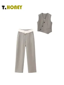 Модный асимметричный однобортный жилет контрастного цвета, молния спереди, брюки с карманами, повседневный комплект из двух предметов 14