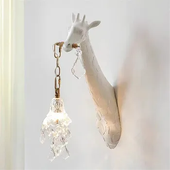 Белый настенный светильник в виде жирафа, Дизайнерский светильник из хрусталя, Прикроватное освещение спальни, фон гостиной, милый декор комнаты, освещение 21