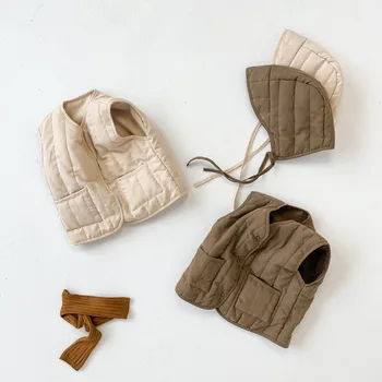 Ins / Осенне-зимнее теплое хлопчатобумажное пальто для младенцев, Однотонный кардиган для мальчиков, топы без рукавов, жилет для новорожденных девочек, утепленный жилет + кепка 3
