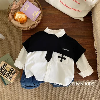 Осенняя детская рубашка с шалью для мальчиков 1-6 лет Топ Детская Корейская мода 2023 11