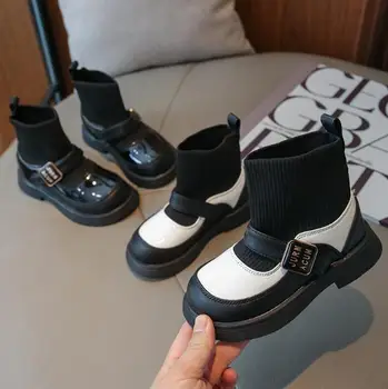 2023 Новые детские ботинки с носками, зимняя детская спортивная обувь для девочек, повседневные кожаные ботильоны для малышей, нескользящие зимние ботинки, кроссовки 21