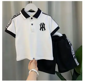 Детская рубашка-поло для мальчика, летняя красивая одежда интернет-знаменитости с коротким рукавом, модный крутой комплект футболок из двух частей 13