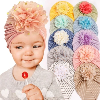 Полосатая детская шапочка, цветочная шапочка, головной убор, тюрбан для новорожденных, Модный головной убор 21