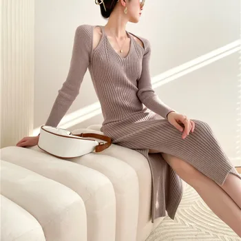 Французское облегающее трикотажное платье Осень / зима, женские свитера выше колена средней длины с подкладкой, женское элегантное облегающее платье 18