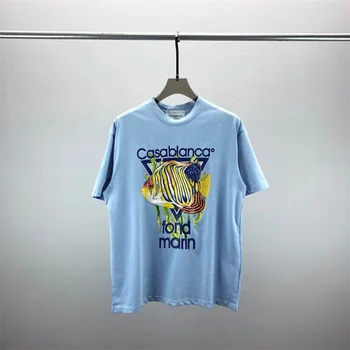 Высококачественная новая футболка Casablanca с модным принтом морской рыбы для мужчин и женщин, круглый вырез, короткие рукава 5