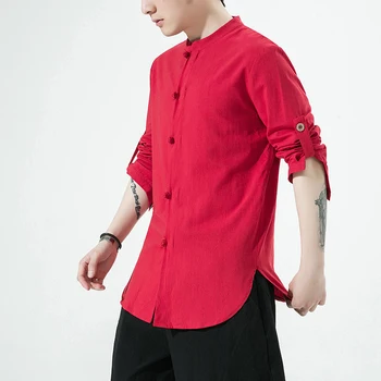 Традиционная мужская одежда в японском стиле, однотонные топы из хлопка и льна с длинными рукавами, китайские рубашки с воротником в винтажном стиле