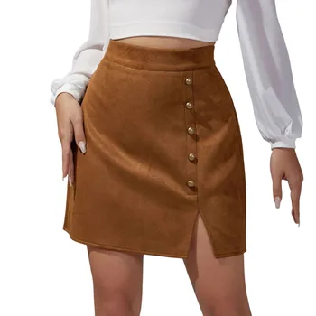 Осенне-зимняя женская однотонная замшевая юбка в европейском и американском стиле, высокая юбка на бедрах с металлической пряжкой, Высокая низкая юбка 20
