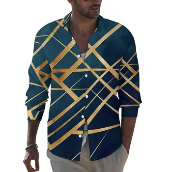 Рубашка с геопринтом, Весенне-золотые геометрические повседневные рубашки, мужские винтажные блузки с длинным рукавом, Уличная одежда на заказ, Плюс Размер 2