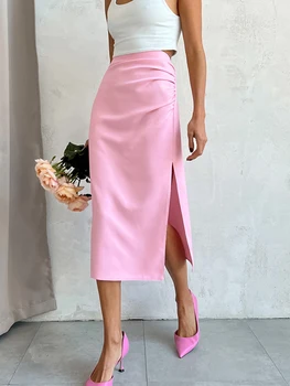 2023 Осень-зима, женские сексуальные юбки миди, однотонные розовые юбки с высокой талией, женская облегающая офисная юбка-карандаш с асимметричным разрезом, женская юбка-карандаш 19