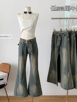 2023 Осенние синие джинсовые брюки, женские брюки-клеш с низкой талией, женские джинсы с дырками, уличная одежда Gyaru Vintage Y2K High Street Chic 20