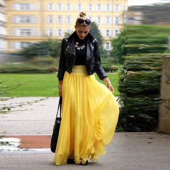 Желтые шифоновые длинные юбки Юбки для гостей на свадьбу, вечеринку по случаю дня рождения, выпускной вечер, официальная одежда, эластичная талия, женская длинная юбка Saias 20