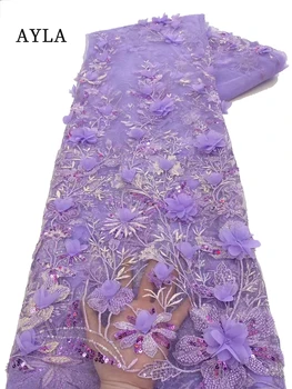 Новейшая кружевная ткань с 3D цветами и бисером, Нигерийский тюль, сетчатые ткани, аппликации с вышивкой для пошива одежды для вечеринок, свадебных платьев 5