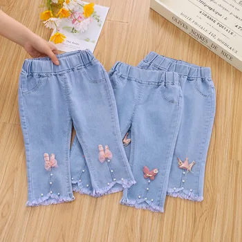 Джинсовые брюки для маленьких девочек, эластичный расклешенный Элегантный бант, Милые джинсовые брюки с милым бантом, милые Летние весенние детские брюки для малышей