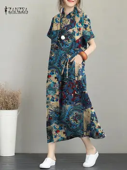 Летнее Модное платье-рубашка с принтом ZANZEA, женские богемные праздничные платья с коротким рукавом, халат с лацканами, модные рабочие сарафаны Vestidos 22
