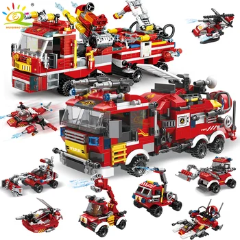 Детское здание пожарного, детские кирпичные игрушки, грузовики, вертолеты и корабли пожарных, 8 в 1 16