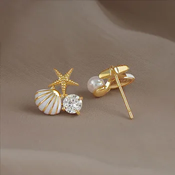 Летние серьги-гвоздики в виде ракушки морской звезды в океанском стиле, Изящный кристалл, имитация жемчуга, серьги в виде ракушек для женщин, пляжные украшения 15