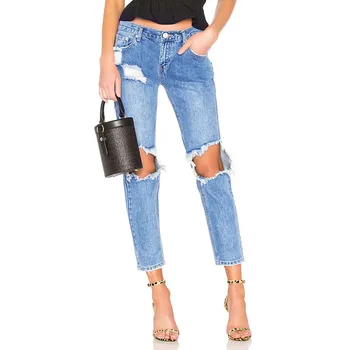 Женские повседневные синие рваные джинсовые брюки с дырками, свободные джинсы, женские брюки 1