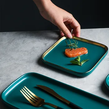 Керамическая тарелка с матовым зеленым золотым штрихом, прямоугольное рыбное блюдо, Фарфоровая тарелка для стейка, торта и десерта в королевском стиле Home Western Retro 10