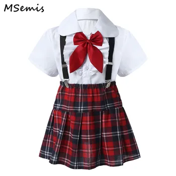Детский костюм в школьном стиле для девочек, рубашка с коротким рукавом, кружевная рубашка с оборками спереди, топ, юбка в клетку с подтяжками и бантом, набор для завязывания бантиком 4