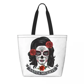 Многоразовая хозяйственная сумка Santa Muerte, женская холщовая сумка через плечо, портативные Мексиканские сумки для покупок с Мертвым сахарным черепом 11