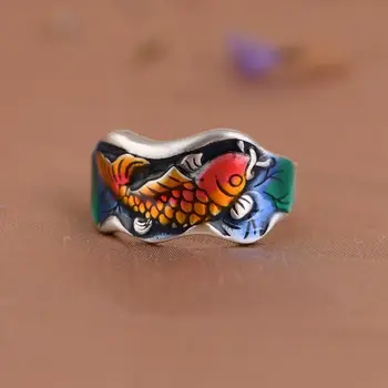 Винтажное винтажное художественное красочное кольцо с изображением рыбки кои в виде листьев лотоса с шестью символами истины 1