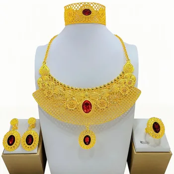 Дубай 24K Позолоченное Свадебное ожерелье Браслет Серьги Кольцо Комплект ювелирных изделий из четырех частей для женщин DD10250 17