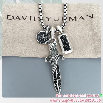 Популярные в Европе и Америке мужские украшения David Yurman Ожерелье Waves Dagger Амулет С серебряным покрытием Подвески с черными Бриллиантами 2