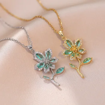 Роскошное Цветочное ожерелье, крупная подвеска, Высококачественное ожерелье из зеленого циркона с цветком маргаритки для женщин, ювелирные подарки Lucky Blessing 17