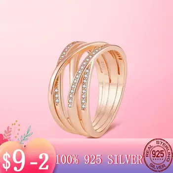 Кольцо цвета горячего золота, серебряные кольца со сверкающими и полированными линиями из серебра 925 пробы для женщин, свадебные украшения для помолвки из розового золота с покрытием 20